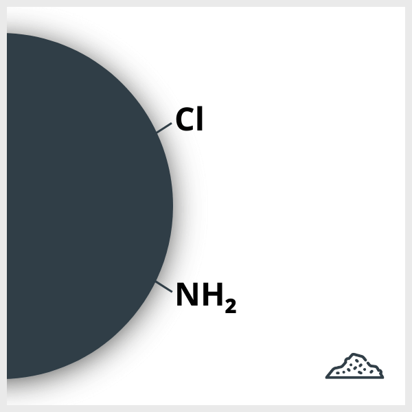 Schéma d'une nanoparticule d'oxydes de fer fonctionnalisée avec du Cl et du NH2, en poudre