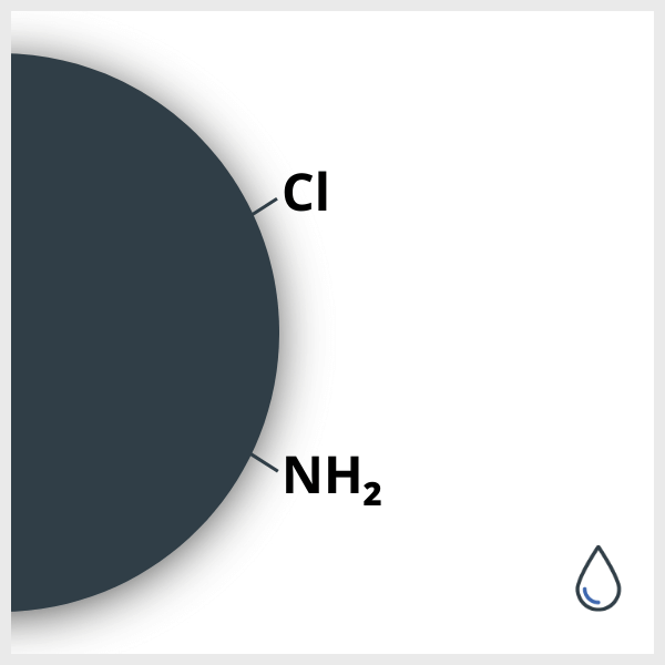 Schematic of an iron oxide nanoparticle functionalized with Cl and NH2, in suspension