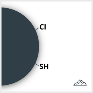 Schematic of an iron oxide nanoparticle functionalized with Cl and SH, in powder form