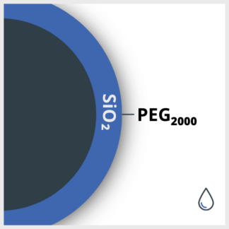 Schéma d'un SPIO enrobé de Silice et fonctionnalisé avec du PEG 2000 (Polyetylène Glycol) se terminant par une fonction COH3, en suspension