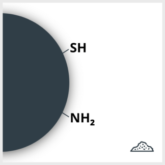 Schéma d'une nanoparticule d'oxydes de fer fonctionnalisée avec du SH et du NH2, en poudre