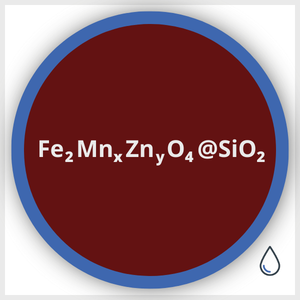 Diagram of a Zinc and Manganese spinel nanoparticle encapsulated by silica, in suspension